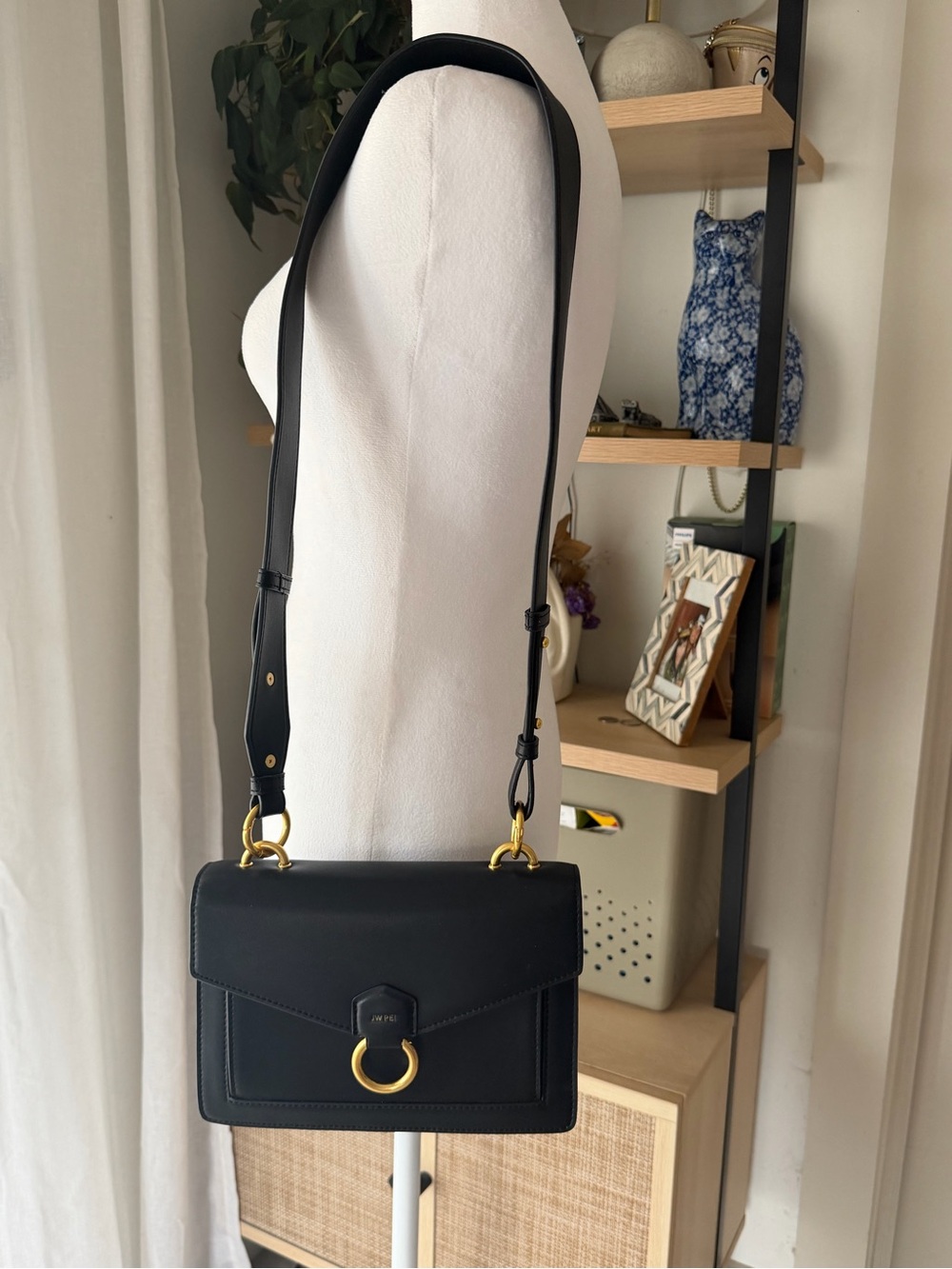 JW PEI Black Envelope Crossbody Shoulder Bag Gold Ring Hardware